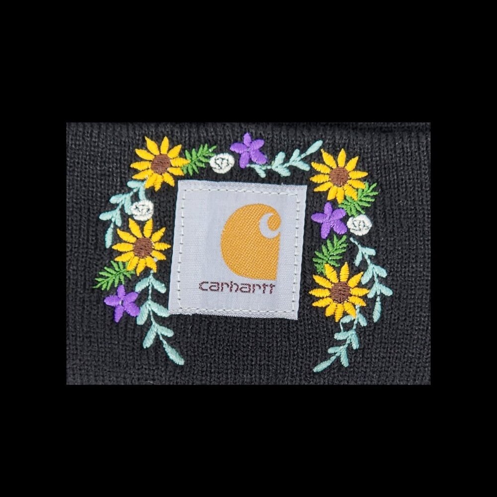 Embroidered Sunflowers Flowers on Black Knit Women's Hat - Picture 2 of 3